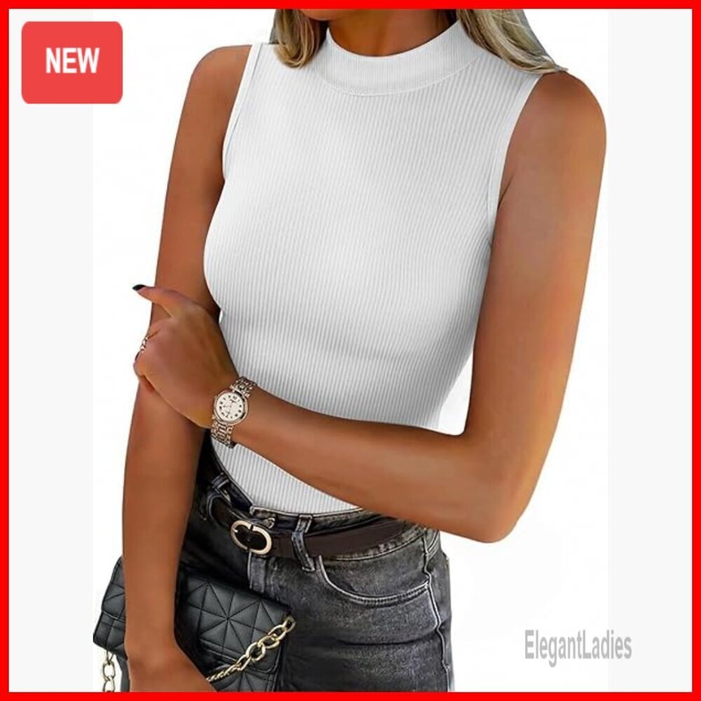 Slim Fit Ribbed Mock Turtleneck Tank Top, Stretch Layering Shirt
